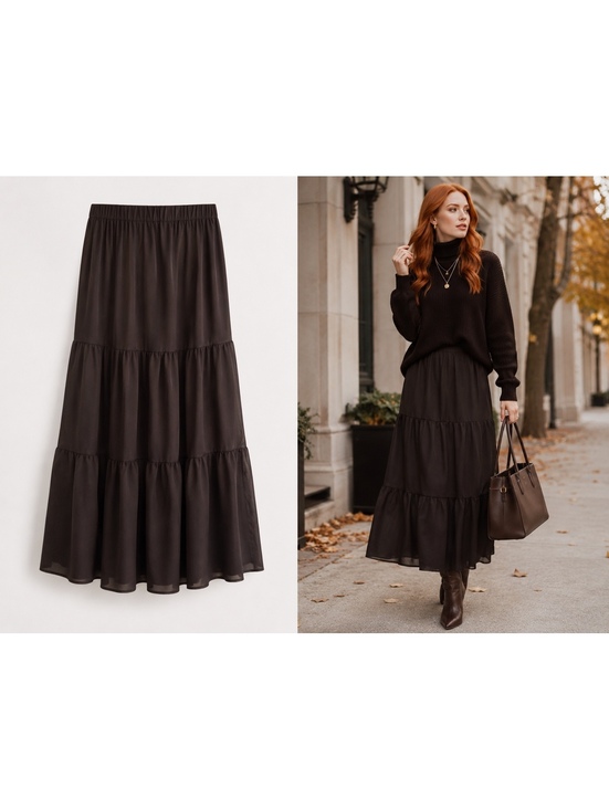 Dresses & Skirts - Black Tiered Maxi Skirt Lined Elastic Waist Pockets Women's Small